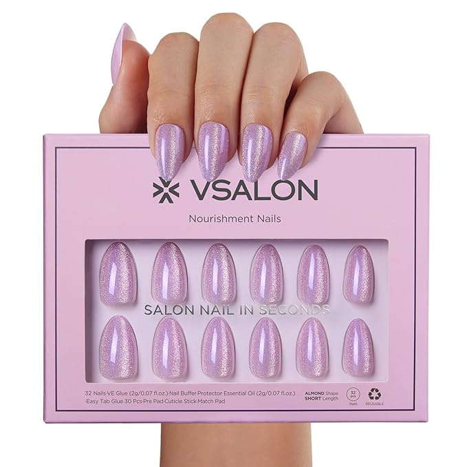 VSALON Press on Nails Short Almond - Purple Cat Eye Glitter Nails Kit for Women, Lilac Valentines Opaque Gel Fake Nails with Glue & Cuticle Oil - 32 PCS Stick On Nails in 16 Sizes (Iris)