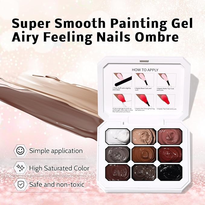 Karroy Christmas Gel Polish, 9 Colors Ombre Patting Gel Nail Polish Palette, 100 Sponges 6 Brushes 1Grabber, Blending Color Gradient Painting Nails Art, No Wipe, UV/LED Cured (Set 06)
