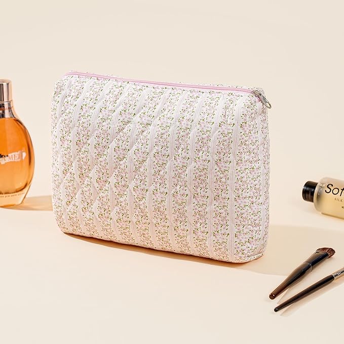 Cute Floral Makeup Bag Large Cotton Quilted Cosmetic Bag, Aesthetic Essential Bag Toiletry Period Bag for Women Travel Accessories (Pink Floral)