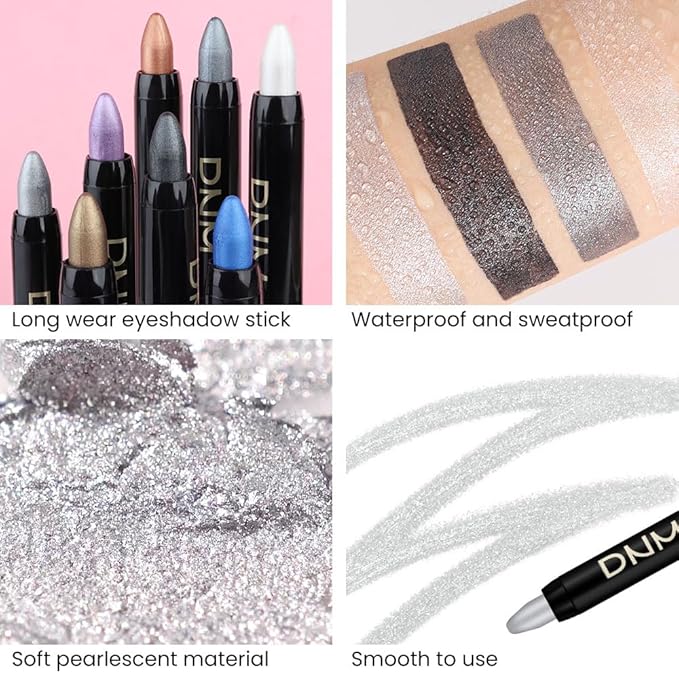 Kaely 4Pcs Metallic Shimmer Smoky Eye Shadow Sticks, Pearl White Dazzling Grey Gray Pearl Black Silver, Smokey Eyeliner Pencil Eyeshadow Palette Goth Halloween Makeup, Eye Brightener Stick for Women