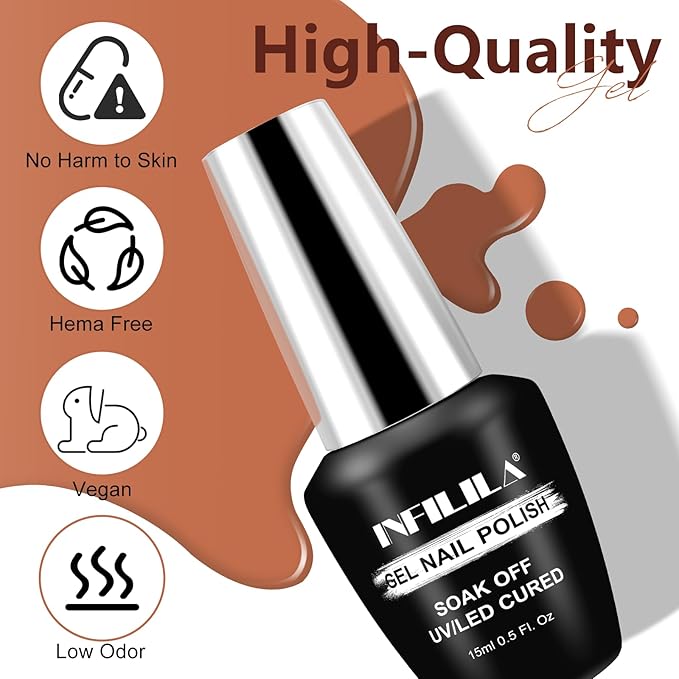 NXJ INFILILA Brown Gel Nail Polish, 15ml 0.51oz Chocolate Brown Gel Polish One-Stroke Coloring, Hema Free Fall Color High Gloss Soak Off UV Nail Manicure DIY for Women Girls SQ041