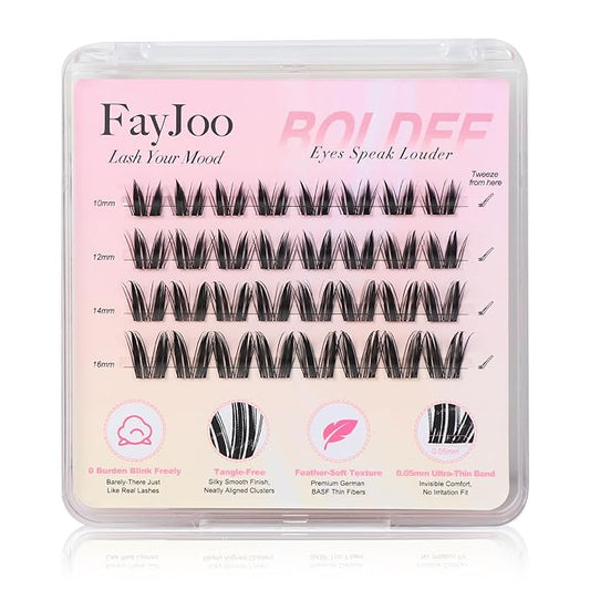 Dramatic Volume Lash Clusters, 0.05mm Thin Band 10-16mm C Curl, Compact Travel Pack, Budget-Friendly for Beginners, FayJoo BOLDEE 11 Lite