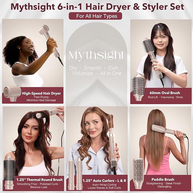 Mythsight StyleVibe 6-in-1 Air Styler, Hair Dryer & Blow Dryer Brush with Travel Case - Auto Wrap Curls (L/R), Fast Drying, Thermal Round Brush for Smooth Blowouts & Frizz-Free Volume, No Heat Damage