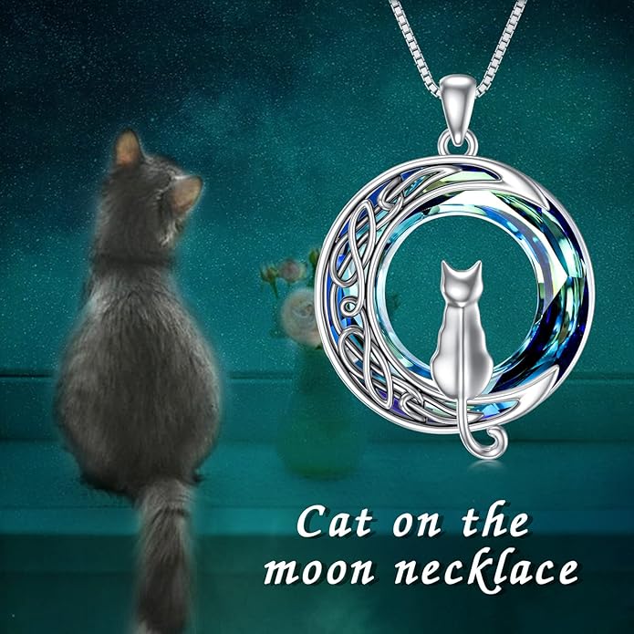 TOUPOP Cat Gifts for Cat Lovers One Two Three Four Cats Necklace Sterling Silver Cats on the Moon Pendant Necklace with Blue Circle Crystal Birthday Christmas Celtic Jewelry Gifts for Women