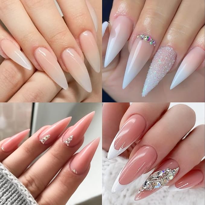 UNA GELLA Long Stiletto Gel Nail Tips Full Cover 504PCS Pre-shape Long Stiletto Almond Fake Clear Nails Tips No Need File Gel Tip No C Curve for Nail Extension DIY Art Salon 12 Sizes