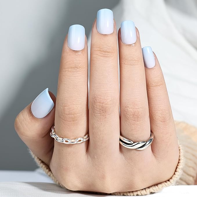 Leefrei Press On Nails - Short Square Blue Fade Press on Nails Glossy Finish Nails Press Ons for Women DIY Fake Nails Kit with Glue, Reusable Glue on Nails Short in 15 Sizes - 30pcs, Sky Fade
