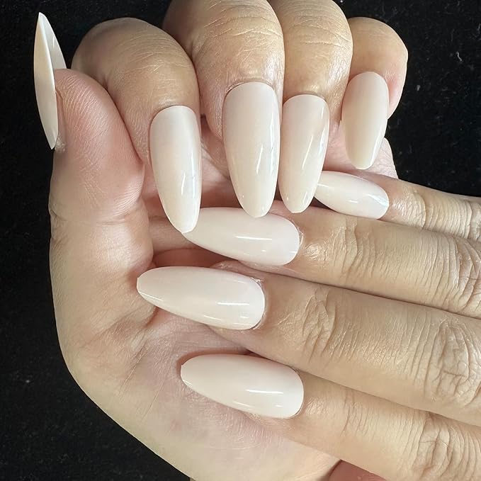 JONKASIPA French Tip Fake Nails - Flesh Pink Almond Press-On Nails, Acrylic Artificial Nails, Includes 32 Pieces of Nail Stickers Set Designed for Women
