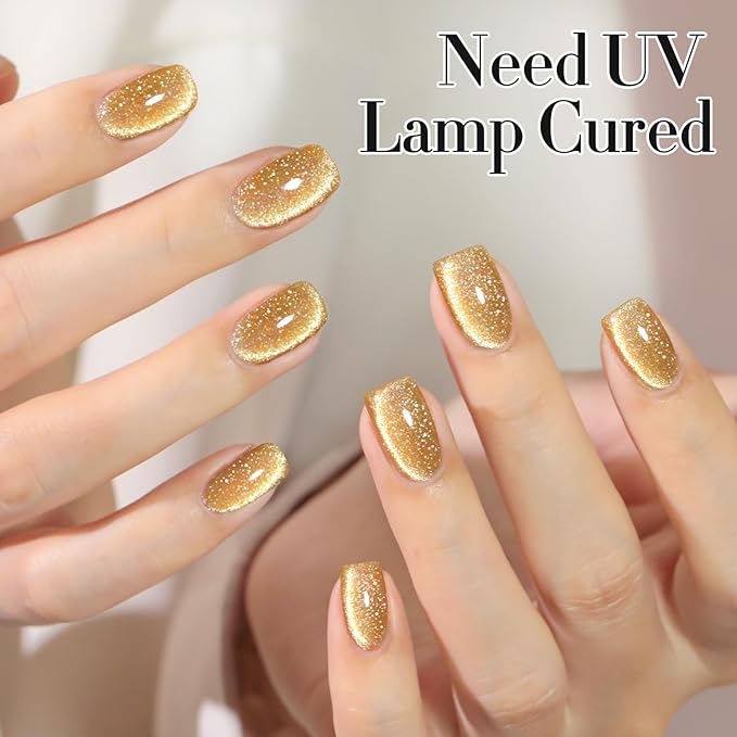 Double Rhythm Cat Eye Gel Polish with Magnet 15ML Holographic Glitter Shimmer Translucent Sheer Color Glass Magnetic Gel Polish Salon DIY at Home (Light Gold-MC1064)