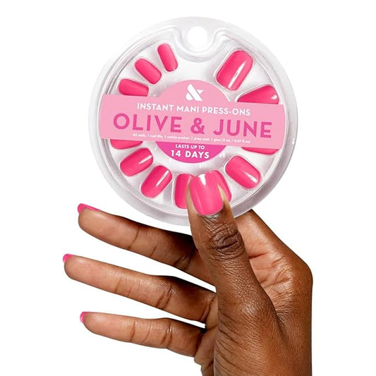 Olive & June Instant Mani Press-On Nails | (Glue) Short, Squoval 42 Fake Nails, 21 Sizes | Non-Toxic, Long-Lasting Recycled Materials Realistic Look | Salon-Quality at Home | Hot Strawberry