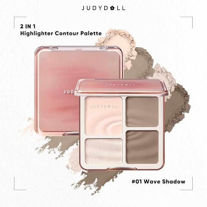 JUDYDOLL Highlight & Contour Palette, All-in-One Matte Highlighter Contour Compact, stocking stuffers, Blendable Face Makeup for Cool Fair and Olive Skin (New Version 01 Wave)