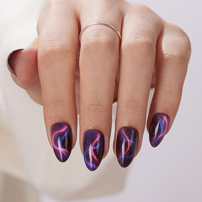 VSALON Press on Nails Short Almond - Dark Purpule Blue Cat Eye Sparkle Ribbon Design Winter Nails for Women, Reusable Opaque Gel Chrome Glue on Nails with Glue & Cuticle Oil - 32 PCS in 16 Sizes