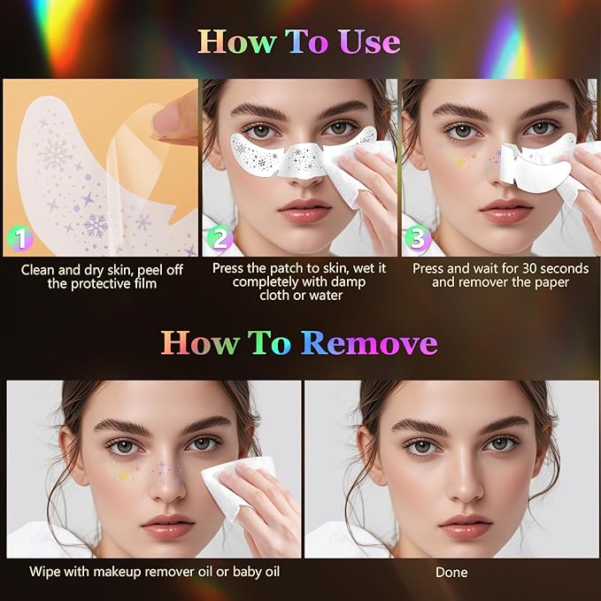 HyperFun 12Pcs Christmas Face Glitter Freckles, Glitter Freckles Face Tattoo Sticker, Holographic Multichrome Waterproof Sparkle Freckles Makeup Patches for Women Rave Festival Accessories Party Prom