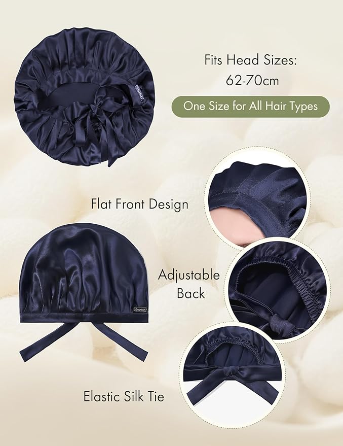 LILYSILK 100% Mulberry Silk Bonnet, Silk Night Sleep Cap Adjustable Hair Wrap for Sleeping, Deep Blue