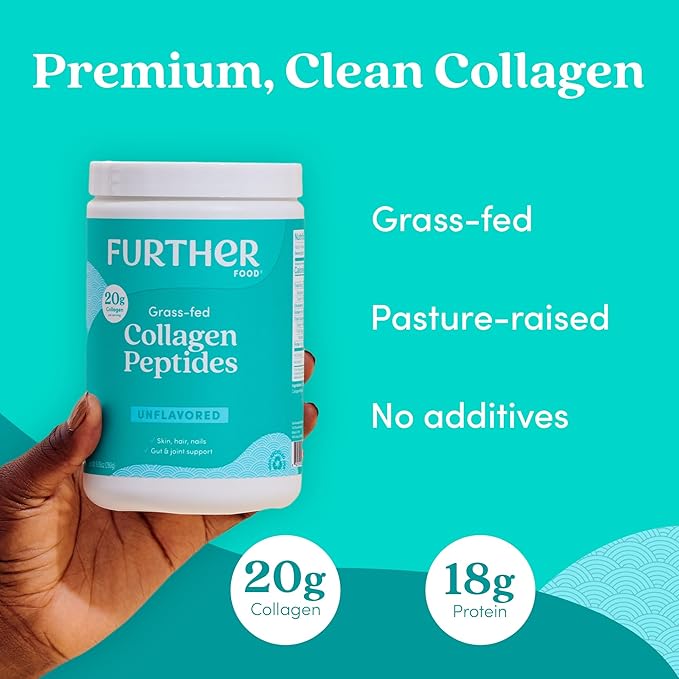 Further Food Unflavored Collagen Peptides Powder - 100% Grass-Fed, Hydrolyzed Type 1 & 3, 20g of Collagen per Serving, Supports Skin, Hair, Nails & Joints, 1.5 lb