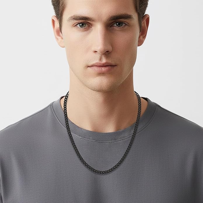 Fiusem 3.5mm Cuban Link Chains for Men, Silver Tone/Black/14K Gold Plated Stainless Steel Necklace Chain, Mens Necklace 16, 18, 20, 22, 24, 26, 28 Inch