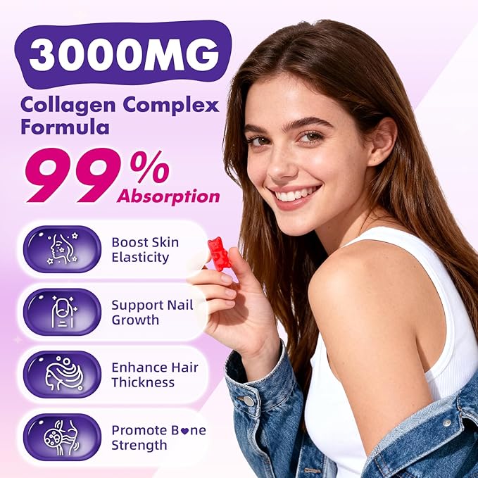 Collagen Gummies for Women & Men Sugar-Free, Hydrolyzed Collagen Peptides with Antioxidant Blend & Digestive Enzymes, Multi Collagen (Type I,II,III,V,X) for Skin Hair Nails, Raspberry Flavor, 60 Count