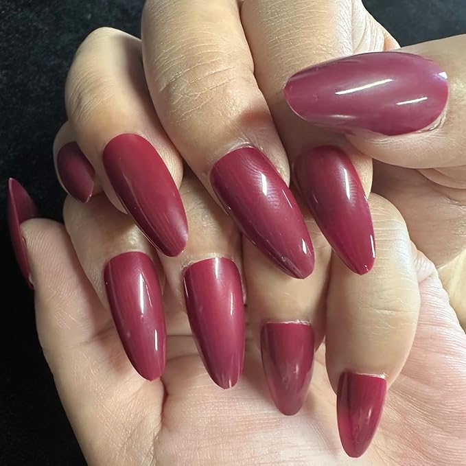 JONKASIPA French Pointed Almond Fake Nails, Reusable Nail Sets, Red Fake Nails, Press On Nails for Women