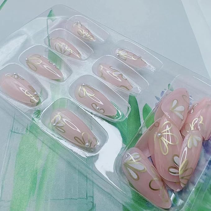 Almond Press on Nails Medium Fake Nails Press ons with Designs Flower Petals False Nails Full Cover Acrylic Nail Tips Press on Nail Reusable French Nails Stick on Nails for Women Manicure Decor 24Pcs