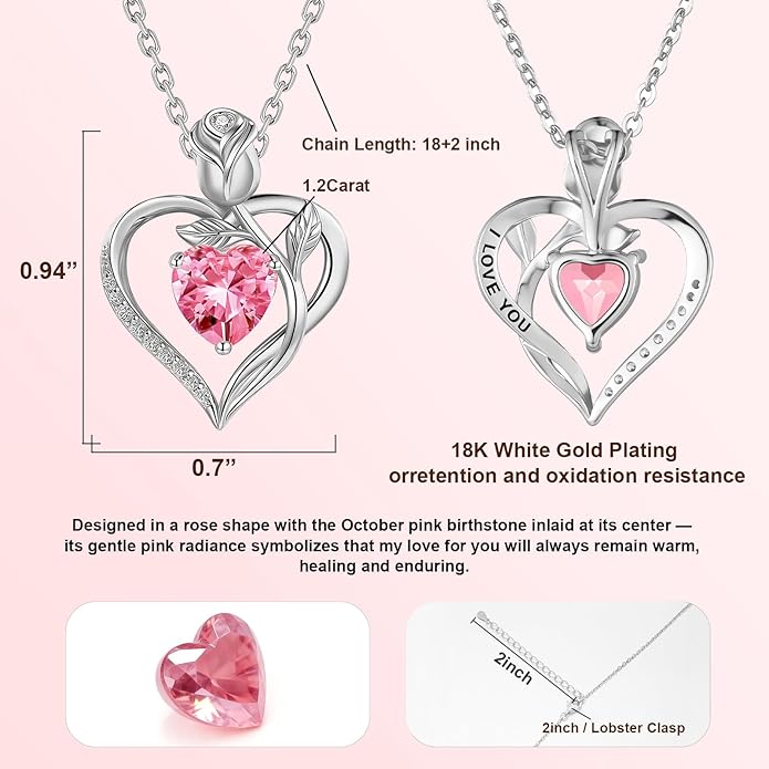 1.2CT Rose Heart Necklace Option of Moissanite or Lab-Grown Sapphire Ruby Emerald&More Necklace for Women Birthstone Girlfriend Necklace S925 Sterling Silver 18K White/Rose Gold Plated D Color VVS1 Gift for Wife Mother Daughter for Birthday Anniversary...