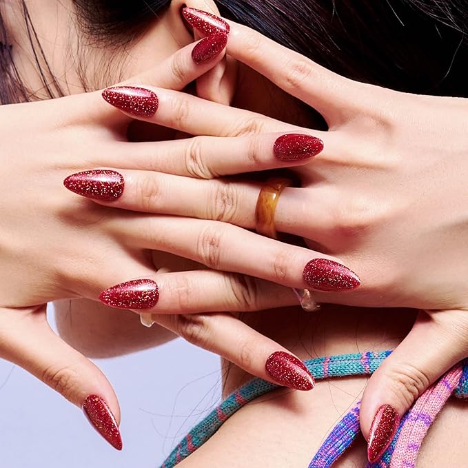 GLAMERMAID Golden Red Press on Nails Medium Almond, Handmade Glitter Glossy Jelly Soft Gel Glue on Nails Stiletto, Bright Red Fake Nails Short Oval, Reusable Acrylic Stick on False Nails Kit for Women