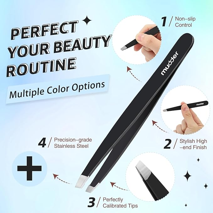 Mudder 12 Pcs Eyebrow Tweezers Set for Facial Hair Stainless Steel Slanted Tip Tweezers in Bulk for Men and Women (Black)