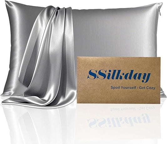 Mulberry Silk Pillow Cases with Zipper, Ultra Smooth Soft Breathable Cooling Pillow Cases for Hot Sleepers, Silk Satin Pillowcase for Hair and Skin, Gifts for Women (Silver Grey, King Size, 1 Pack)