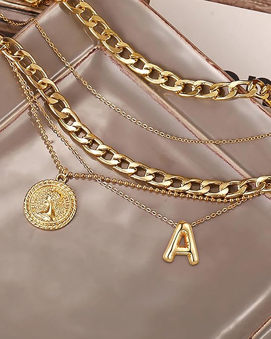MJartoria Layered Necklaces for Women Trendy Balloon Initial Coin Pendant Necklace Dainty Chunky Chain Choker Necklaces Jewelry Birthday Gifts