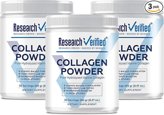 Research Verified® Collagen Powder - Hydrolyzed Marine Collagen Peptides - Unflavored - Skin Hydration and Elasticity, Muscle Recovery, Non GMO - 30 Scoops Per Container - 3 Month Supply