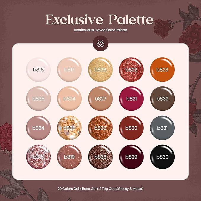 Beetles Gel Nail Polish Set, 23Pcs Brown Burgundy Red Nude Pink Gel Polish Set with Base Top Coat Verse of Roses Kit, Soak off Uv Gel Golden Glitter Holiday Nail for Women