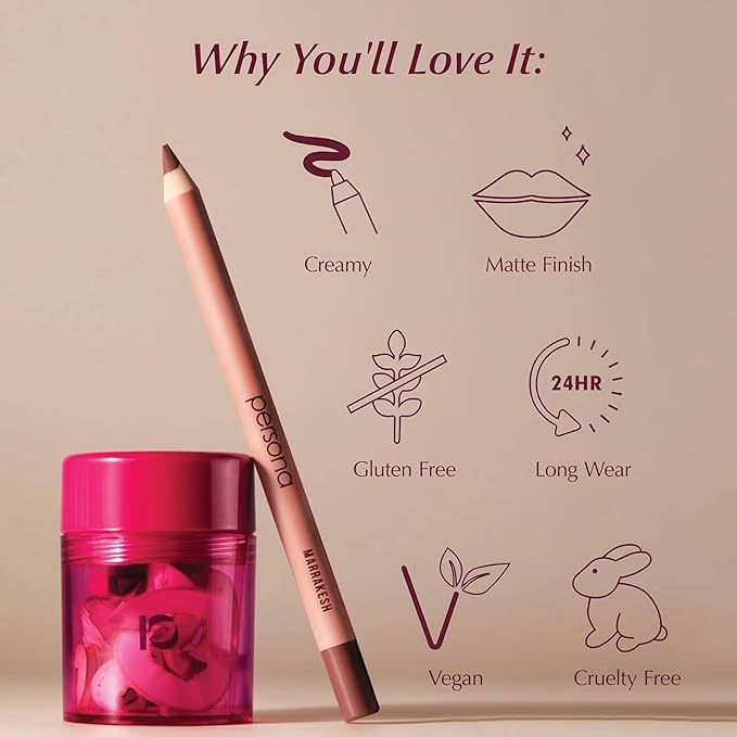PERSONA Cosmetics Lip Liner | Creamy, Long-Wear Matte Pencil with Jojoba Oil | Hydrating & Easy to Apply | Shapes, Defines & Contours Lips | Vegan, Cruelty-Free, Paraben-Free | Made in USA, 90210
