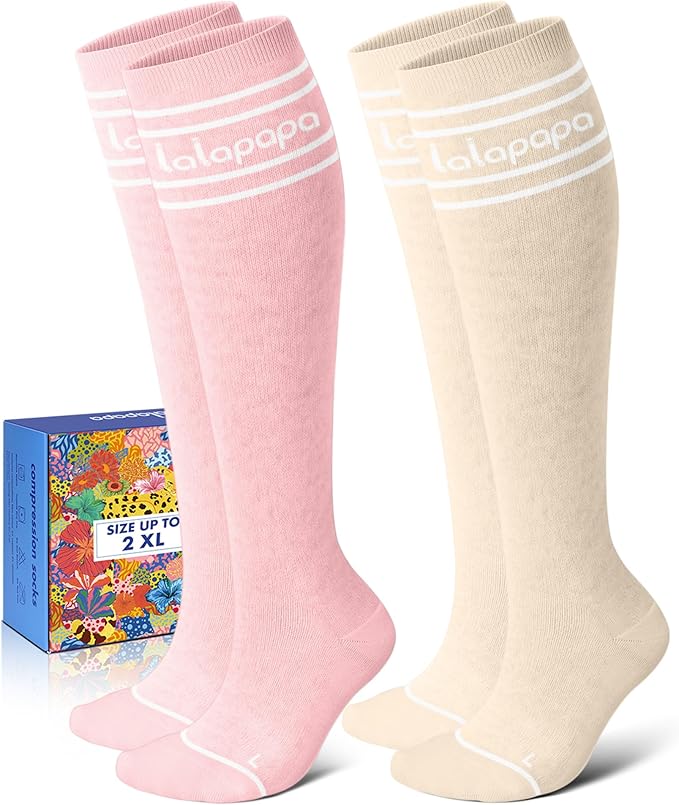 Lalapapa Thick Soft Cotton Compression Socks for Women Men 15-20mmHg Knee High Breathable Cotton Socks for All Day Comfort