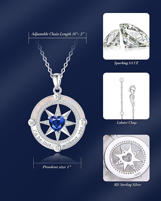 FANCIME Compass Necklace for Women Sterling Silver Compass Jewelry Opal Pendant Fine Jewelry Gemstone Birthday Christmas Gifts for Wife