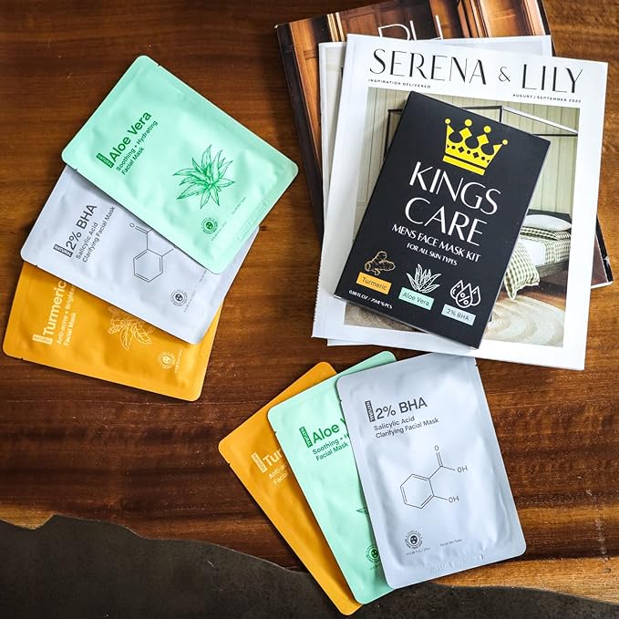 Kings Care Mens Face Mask Skin Care Kit (6 Pack) - Turmeric Anti-Acne, Aloe Vera Soothing & 2% BHA Salicylic Acid Sheet Mask - Skin Care for Men Face Masks for Hydrating, Brightening & Refining Pores