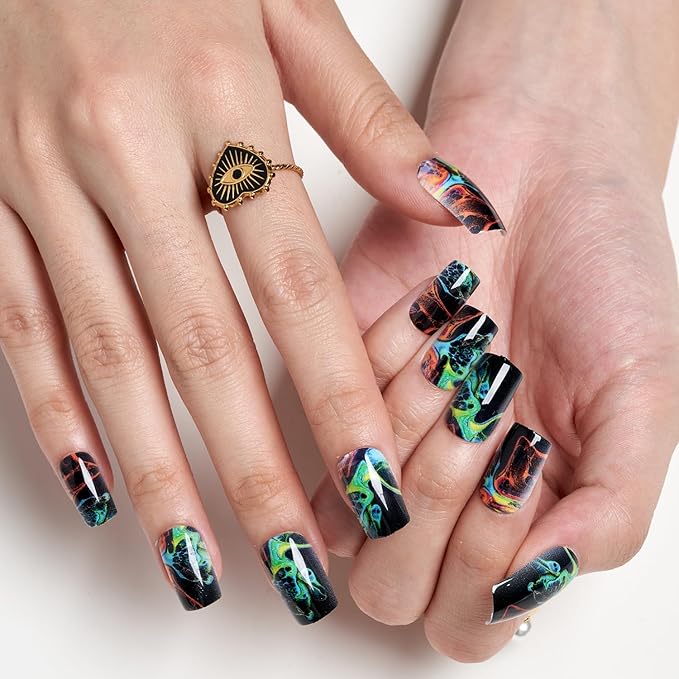GLAMERMAID Black Press on Nails Medium Square, Tie Dye Gothic Gel False Nals, Ombre Color Oil Paint Emo Glue on Nails Kit for Women, Dark Comic Reusable Stick on Acrylic Fake Nails Manicure Set
