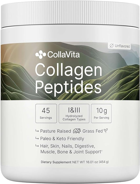Colla Vita Collagen Peptides Powder Grass-Fed Pasture-Raised Hydrolyzed Collagen Powder, Type I & III Hair, Nails, Skin and Joints, Non-GMO, Paleo & Keto, Unflavored, 16 Fl oz. 45 Servings