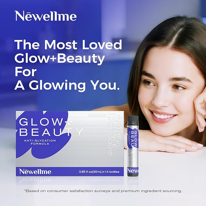 NEWELLME Antioxidant Collagen Shots – Glow+ Beauty Liquid Antioxidant with Hyaluronic Acid, Anti-Glycation Support for Smooth, Radiant Skin, Hair & Nails, 14 Bottles
