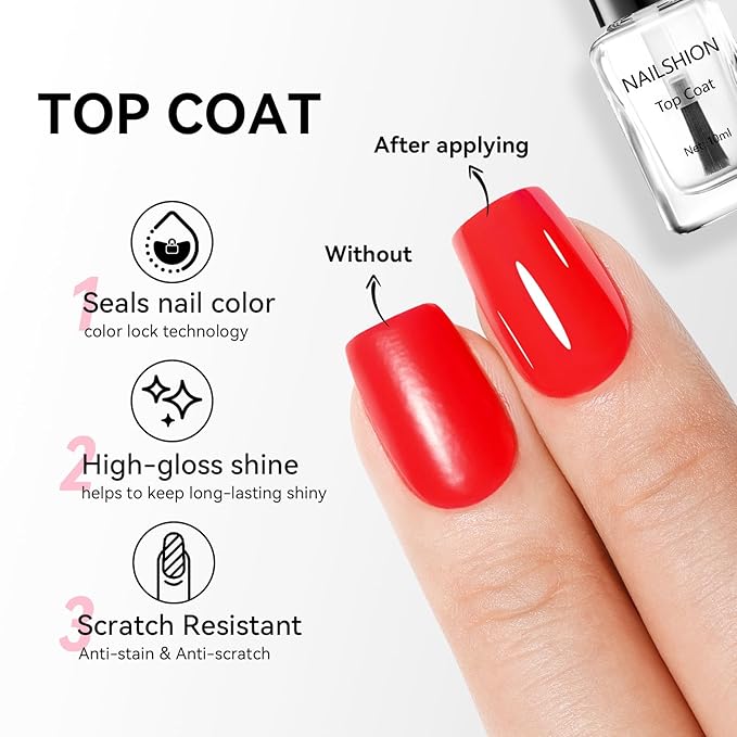 Nailshion Base Coat and Top Coat, Clear Regular Nail Polish, Rich in VE Calcium Quick Air Dry Nail Strengthening Non Gel, 2Pcs Vegan Base Chip Resistant High Shine Long-lasting Nail Art Gift Set