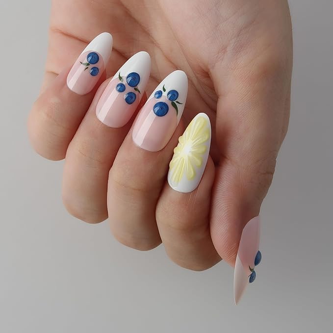 XZMeiLun 3D Blueberry Flowers Press On Nails Almond Medium, 3D Pattern Designer Reusable Acrylic Nails Press Ons, Fake Nails With Glue On, Daily Wear Floral False Nails For Women