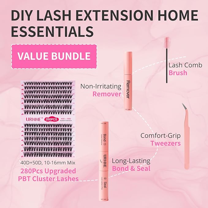 URNNE Lash Extension Kit 280PCS Eyelash Extension Kit 10-16mm Lash Clusters 40D+50D Lash Clusters Kit with Bond, Seal, Remover and Tweezers