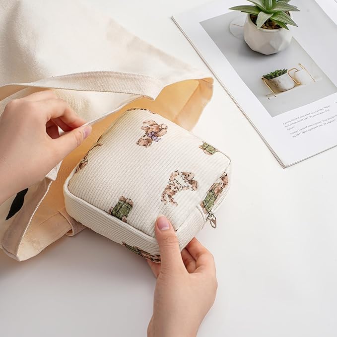 uekeboag Cute Small Corduroy Zipper Makeup Bag, Mini Coquette Aesthetic Pouch with Bear Pattern for for Purse,Key Pocket Lipstick Bag Card Holder Data Cable Organizer for Women Girls(01Pink Bear)