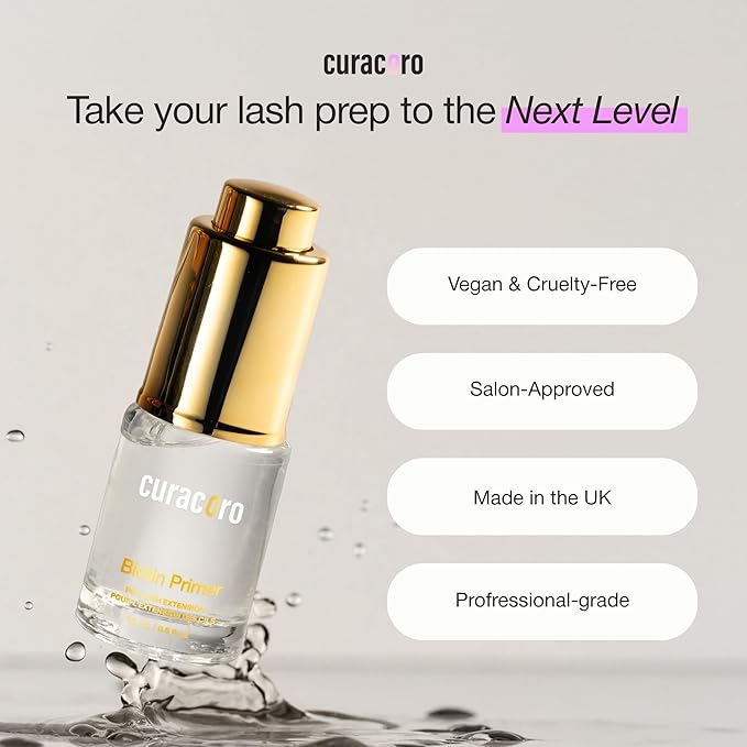 Curacoro Biotin Lash Primer for Lash Extensions, Removes Oils & Residue, Accelerates Glue Curing, Longer Retention (15ml)