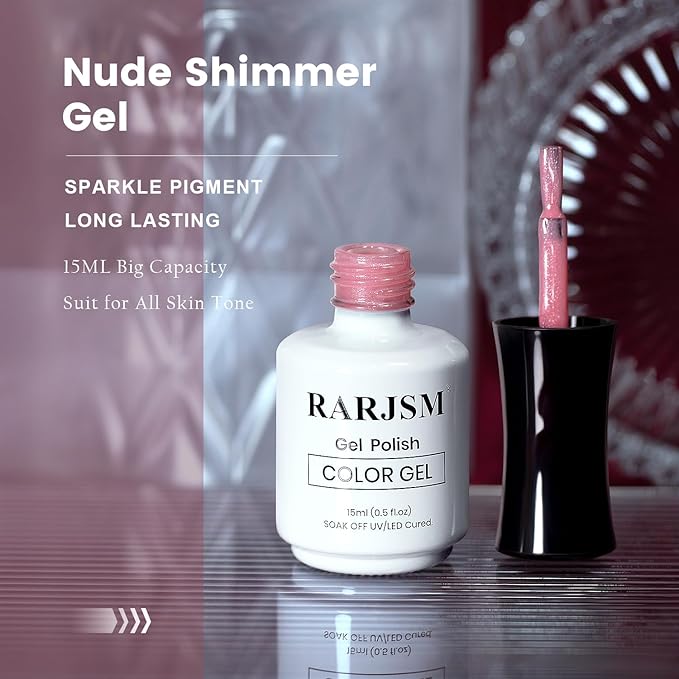 RARJSM Nude Flamingo Pink Gel Nail Polish Natural Pink Pearl Silver Glitter Clear Sheer Gel Polish 15ml UV LED Soak Off Transparent Shimmer Color Home Salon French Manicure Varnish Curing Requires