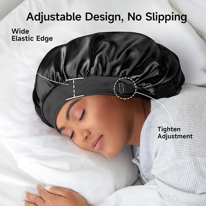 22 Momme 100% Real Mulberry Silk Bonnet for Sleeping Women, Large Hair Care Bonnet for Long Curly Hair, Double Layer Silk Wrap with Soft Elastic Band, Non-Slip Sleep Cap, Black+Purple