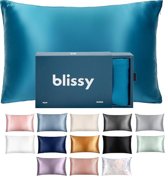 Blissy Silk Pillowcase - 100% Pure Mulberry Silk - 22 Momme 6A High-Grade Fibers - Silk Pillow Cover for Hair & Skin - Regular, Queen & King (Aqua, Standard)