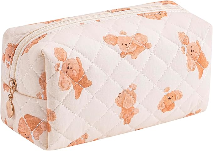 Cute Floral Makeup Bag Small Cotton Quilted Cosmetic Bag, Aesthetic Essential Bag Emergency Bag Gift for Women Girls Travel Accessories (Dog)