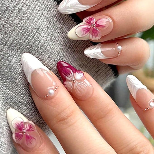 24Pcs White French Tip Press on Nails Almond Fake Nails Flower Pearl Design French Nails Press ons Cute Stick on Nails Medium for Summer, Acrylic Nails Full Cover Artificial Glue on Nails for Women