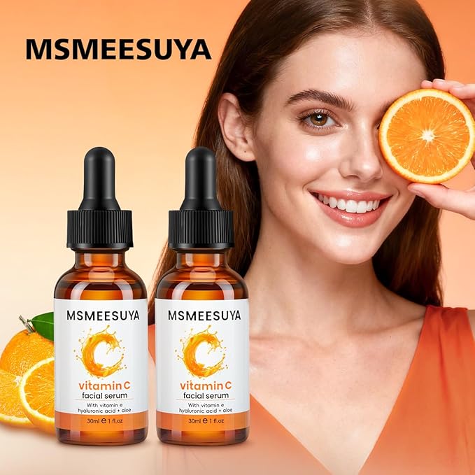 MSMEESUYA Vitamin C Serum for Face 2-Pack, Brightening Facial Serum with Hyaluronic Acid & Vitamin E, Helps Improve Dark Spots, Uneven Tone, Fine Lines & Wrinkles, 1 Fl Oz Each