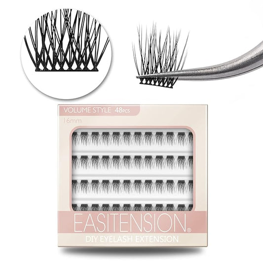 DIY Eyelash Extension, 3D Effect Glue Bonded Band Individual Lash 48 Clusters Volume Lashes Set, Home Eyelash Extension, C curl Lashes Pack 16MM-48 Clusters