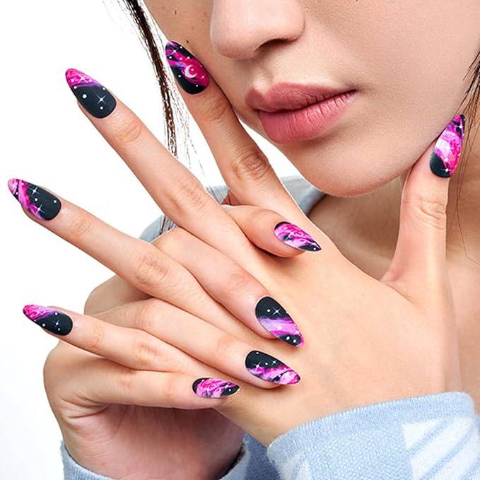 GLAMERMAID Black Press on Nails Medium Almond, Hot Pink Ombre Crush Nails, SGalaxy Star Design tiletto Fake Nails, Short Oval Stick Glue on Nails Tips for Women, Reusable Acrylic False Nail Kits