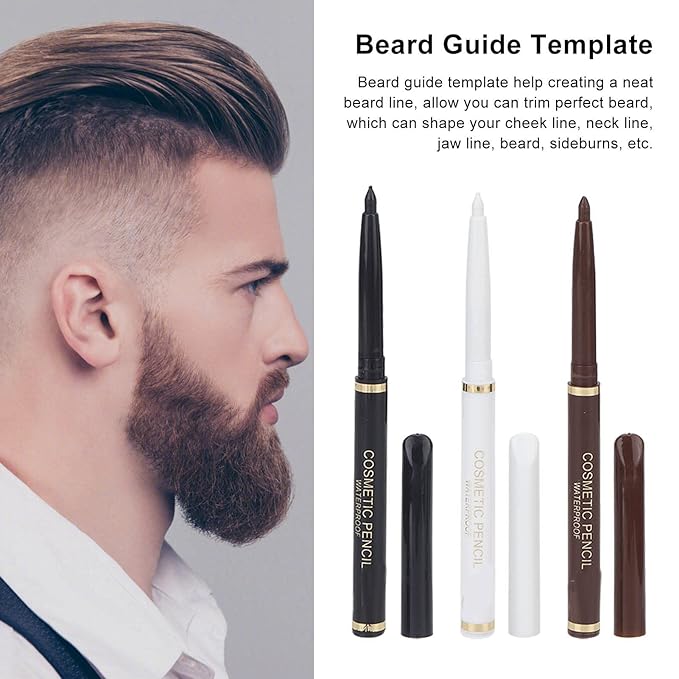 Beard Pencil Filler Kit water proof Long Lasting Beard Styling Pencil Set with Guide Template for Men Facial Hair Grooming 3PCS Beard Pen 1PC Template